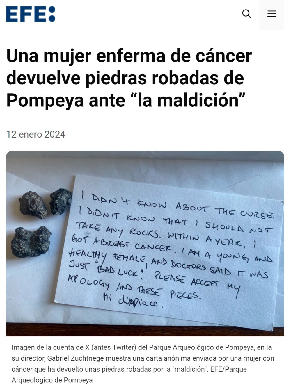 Una mujer piensa que ha contraído cáncer por robar piedras de Pompeya