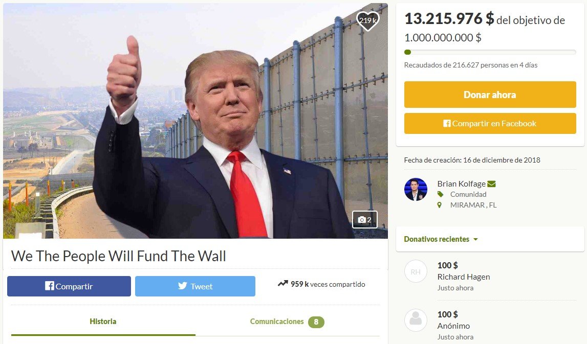 Abren un crowdfounding para levantar el muro de Trump y recaudan 13 millones de dólares en solo 4 días