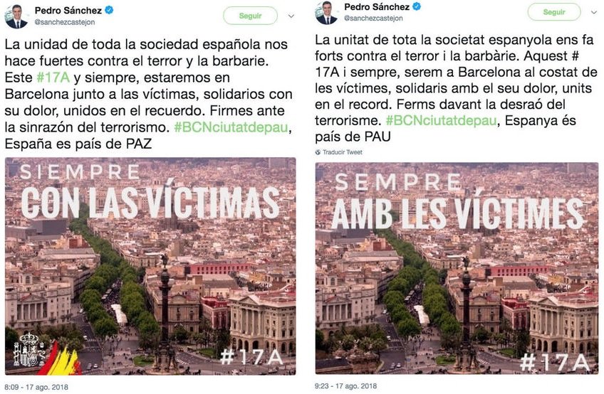 Cuando a PDRO SNCHZ se le cayó la bandera y el escudo en un tuit traducido al catalán
