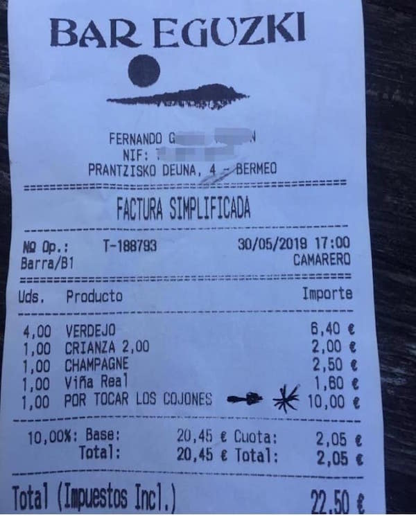 Así se las gastan en Bermeo: “Vinos y copas, 11 euros. POR TOCAR LOS COJØNES, 10 euros”