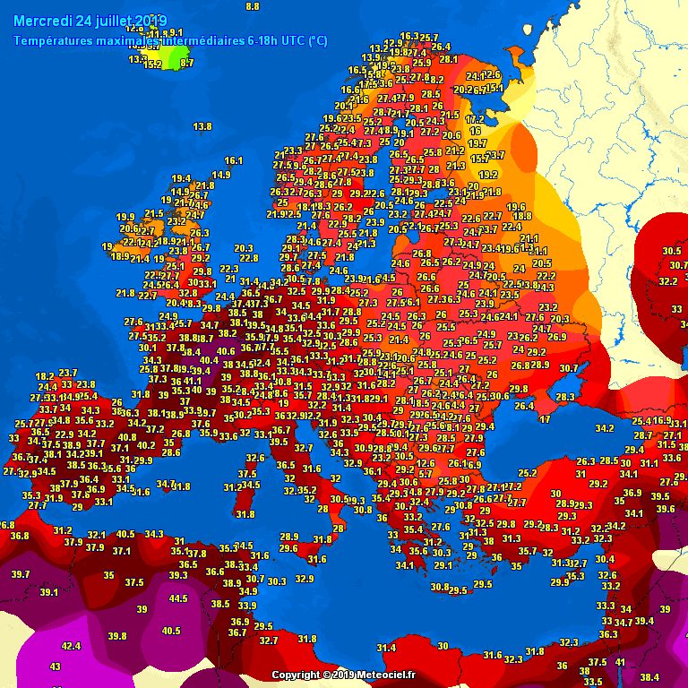 Las temperaturas ayer (24/07/2019) en el sur de Europa
