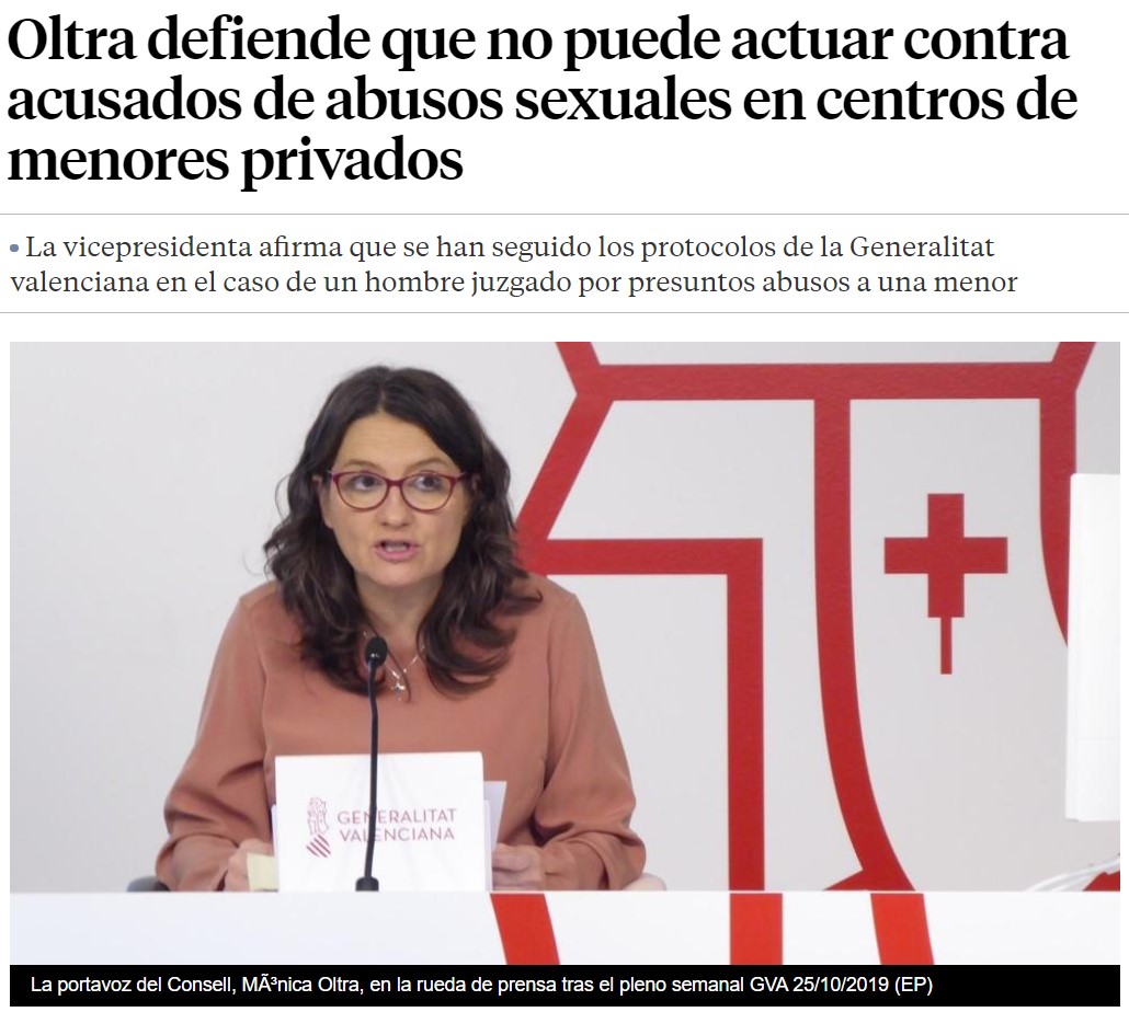 Acusan a La Generalitat Valenciana de inacción en un caso de abuso de menores en el que el condenado es el ex-marido de Mónica Oltra