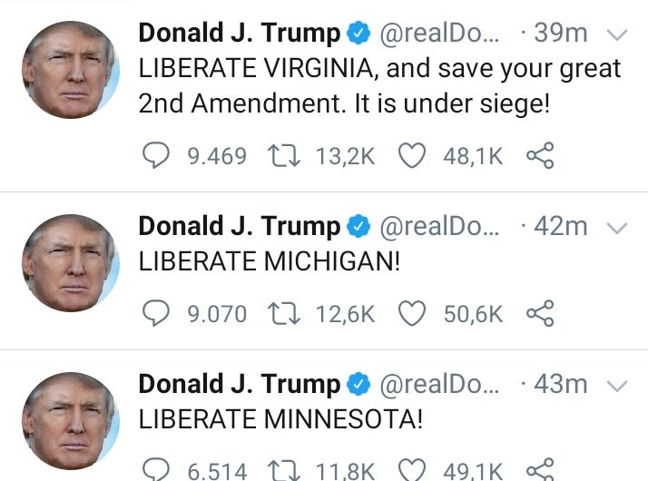 El presidente de los Estados Unidos pide que se "libere" a la gente en los estados de Virginia, Michigan y Minnesota, después de que salieran a la calle a manifestarse con armas de asalto