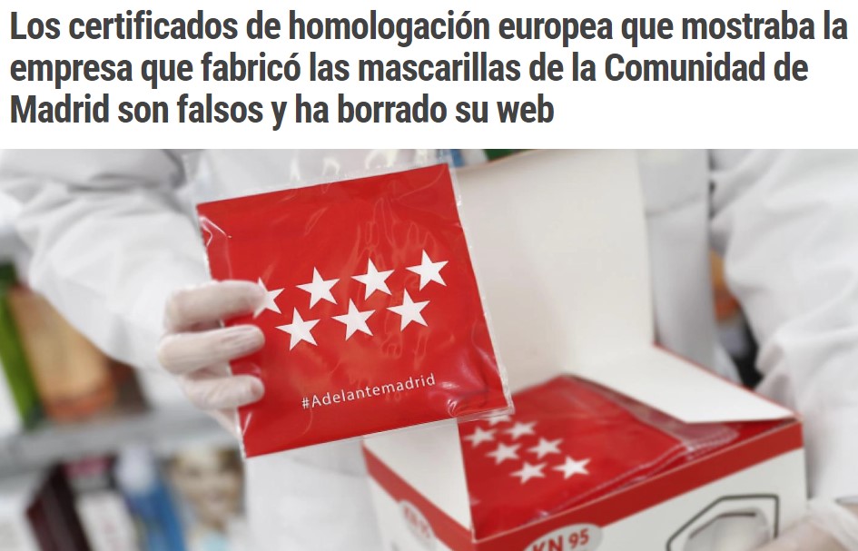Los certificados de las mascarillas que entrega la Comunidad de Madrid son falsos