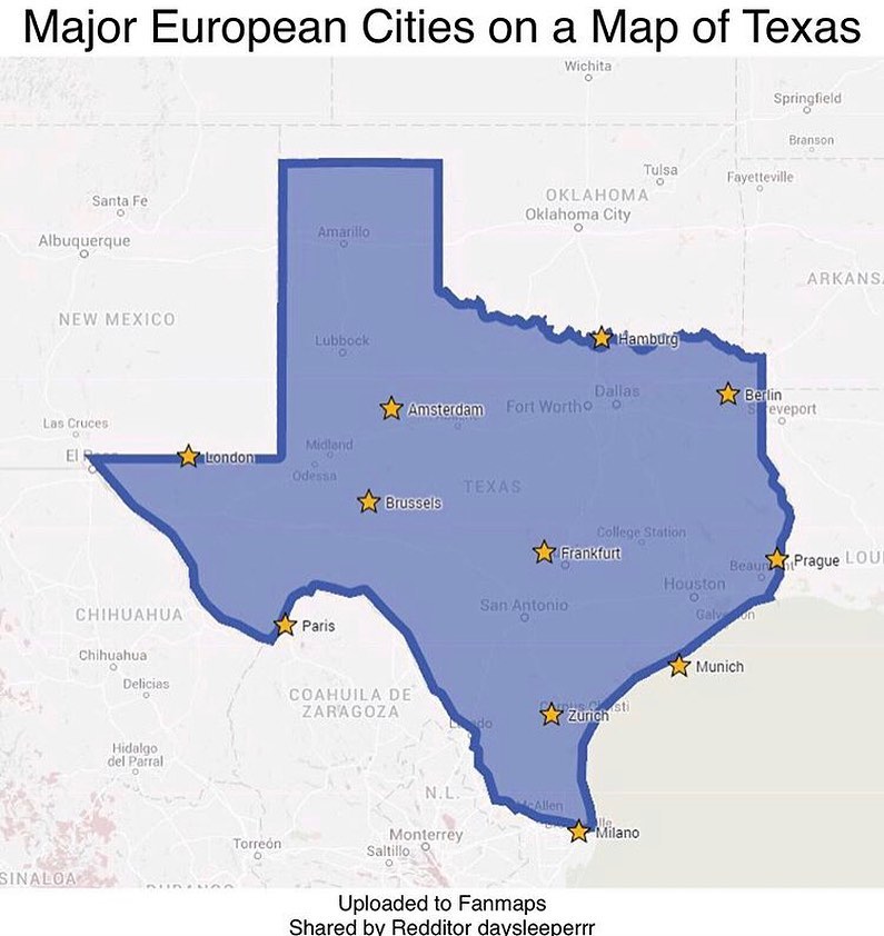 Un cacho de Europa puesto encima del mapa de Texas