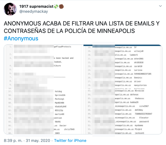 "Anonymous" ha filtrado los mails y las contraseñas de los policías de Minneapolis