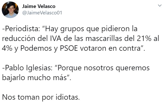PSOE y Podemos votan en contra de bajar el IVA a las mascarillas