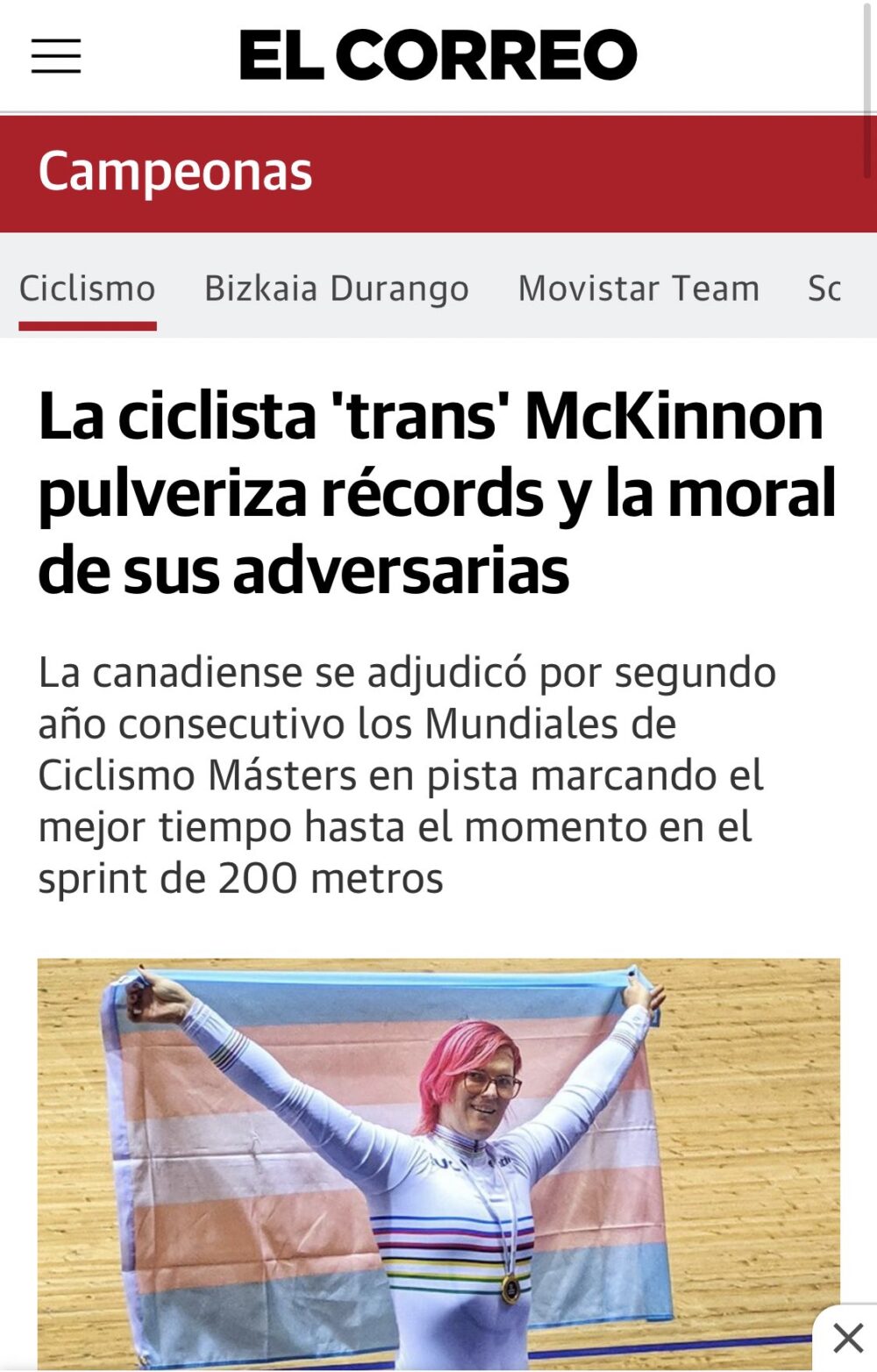 La ciclista 'trans' McKinnon pulveriza récords y la moral de sus adversarias