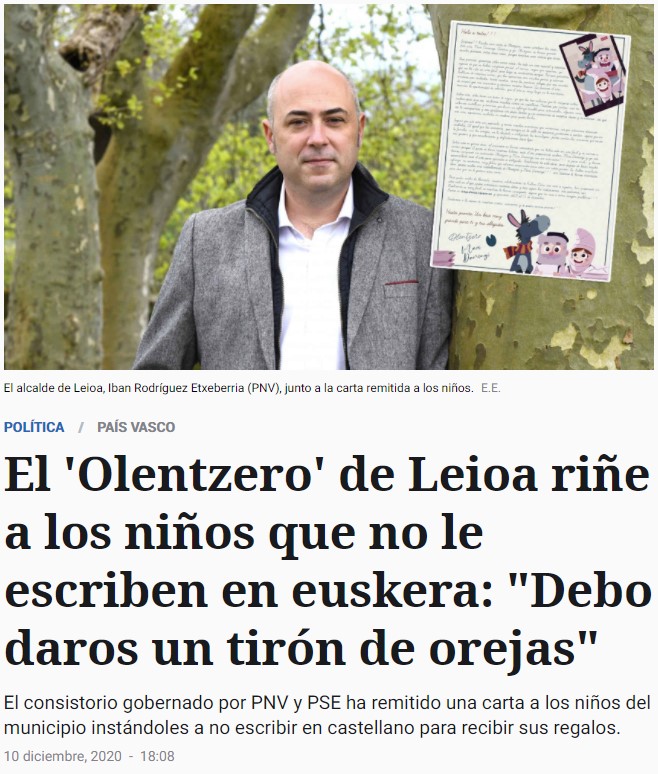 El Olentzero (Papá Noel vasco) riñe a los niños por no escribirle las cartas en euskera