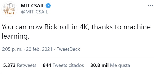 Ahora podemos disfrutar del RickRoll en 4K gracias al Machine Learning