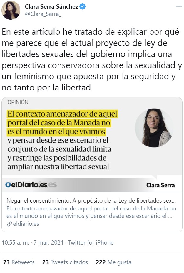 Clara Serra se desmarca del feminismo radical y lo calificica como "perspectiva conservadora que apuesta por la seguridad y no tanto por la libertad"