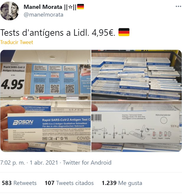 En Lidl Alemania venden test antígenos a 4.95 FABRICADOS EN MÁLAGA, los cuales aquí no tienen permitida su venta