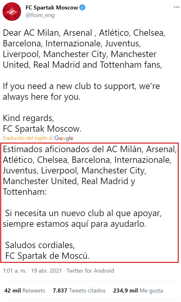 El Spartak de Moscú solo necesitó un tuit para pronunciarse sobre la nueva "Super Liga"