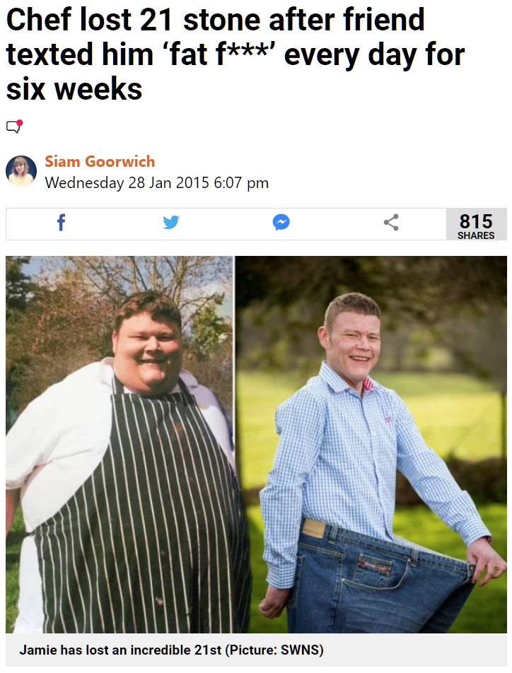 Un chef pierde 133 kilos después de que un buen amigo le escribiera 'Pvto gordo' todos los días durante 6 semanas. "Me salvó la vida"