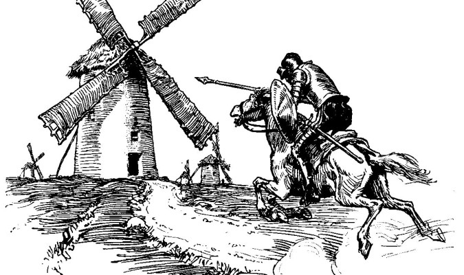 “Mire vuestra merced -respondió Sancho- que aquellos que allí se parecen no son gigantes, sino molinos de viento, y lo que en ellos parecen brazos son las aspas, que, volteadas del viento, hacen andar la piedra del molino”.