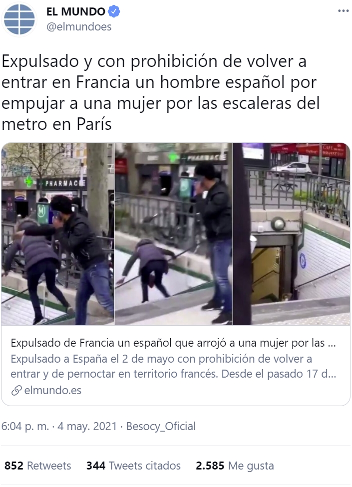 El tipo que empujó a una mujer escaleras abajo en París, es español y la "gracia" le ha costado la deportación