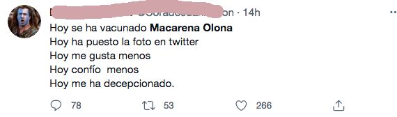Macarena Olona publica en Twitter que se ha vacunado, y hace entrar en cólera a una oleada de seguidores decepcionados
