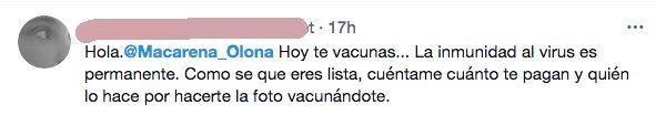 Macarena Olona publica en Twitter que se ha vacunado, y hace entrar en cólera a una oleada de seguidores decepcionados