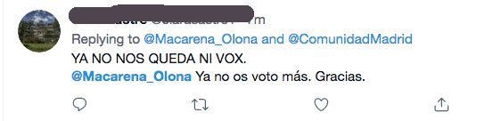 Macarena Olona publica en Twitter que se ha vacunado, y hace entrar en cÃ³lera a una oleada de seguidores decepcionados