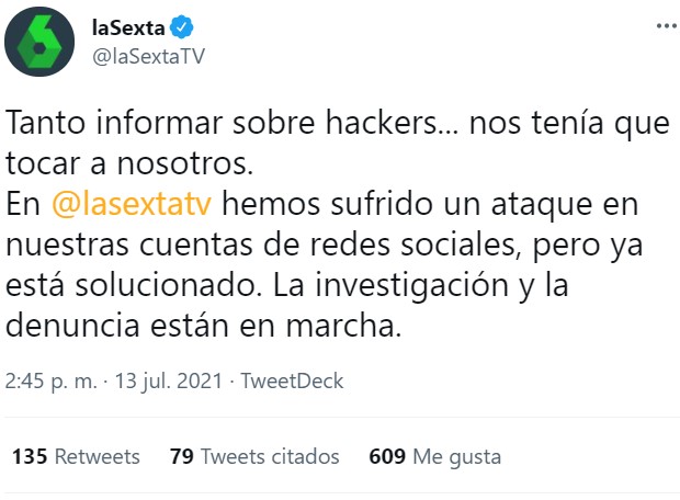 Hackean la cuenta de La Sexta en Twitter