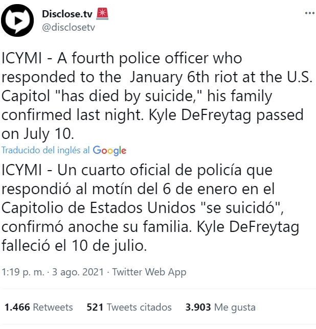 Cuarto policía que se suicida y que estuvo en el motín del capitolio