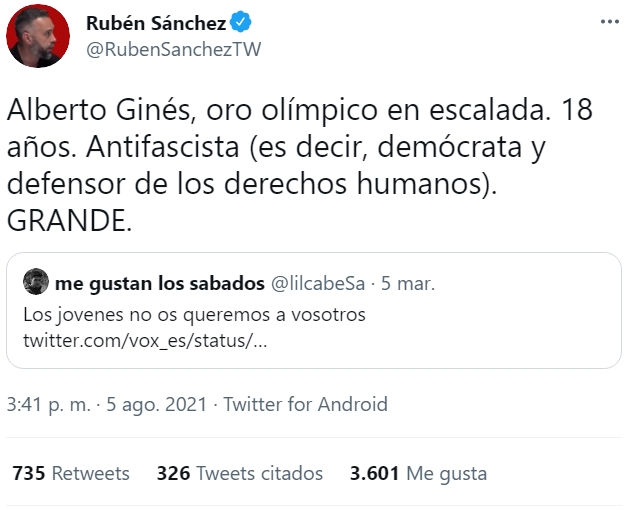 Alberto Ginés, oro olímpico en escalada. 18 años. Cebollista (es decir, con criterio culinario). GRANDE.