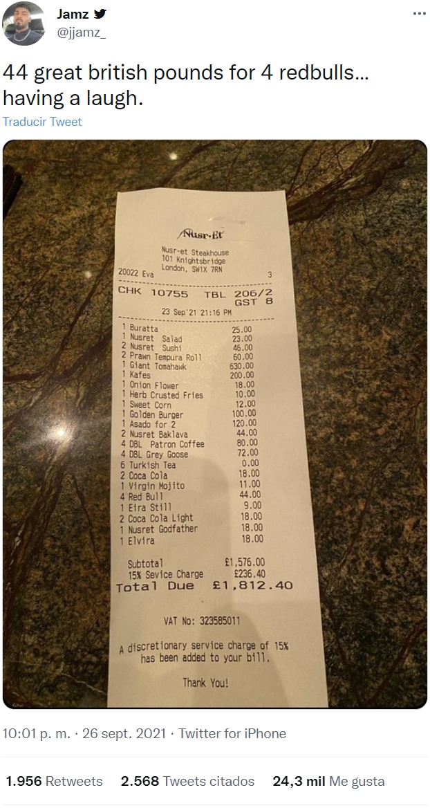 El nuevo restaurante de Salt Bae: 13 euros por un Red Bull, y 730 por un filete de ternera
