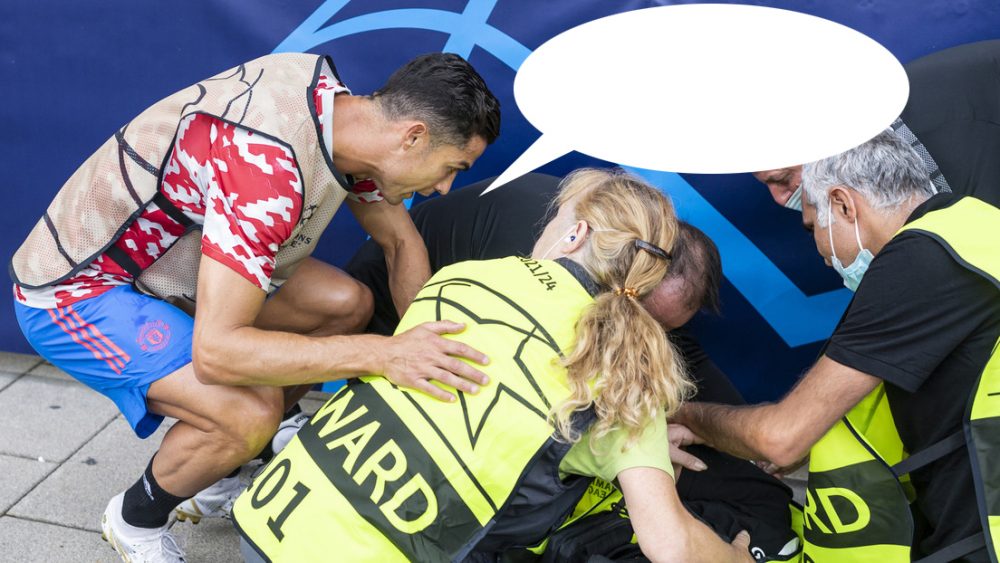 Cristiano se disculpa con una mujer de seguridad a la que derribó de un balonazo