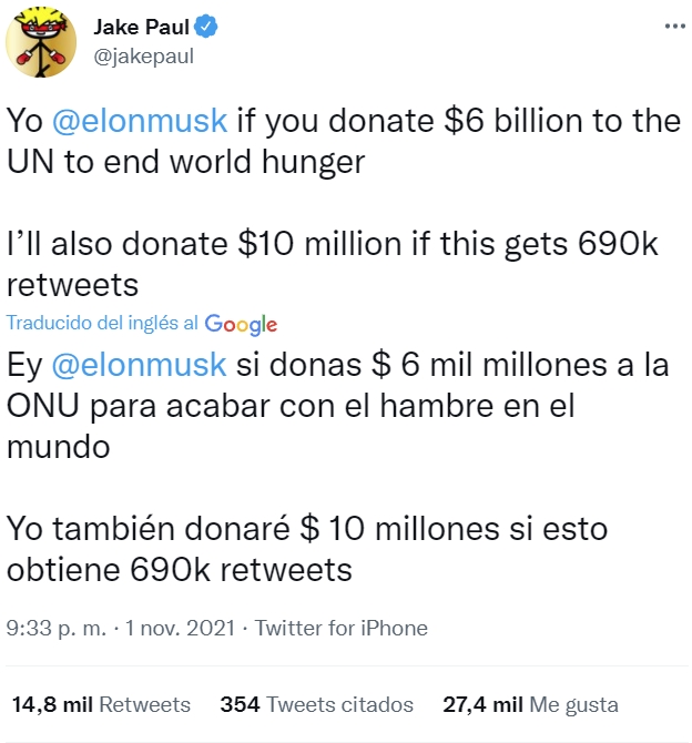 Jake Paul donará $10 millones si Elon Musk dona el 2% de su fortuna para acabar con el hambre mundial