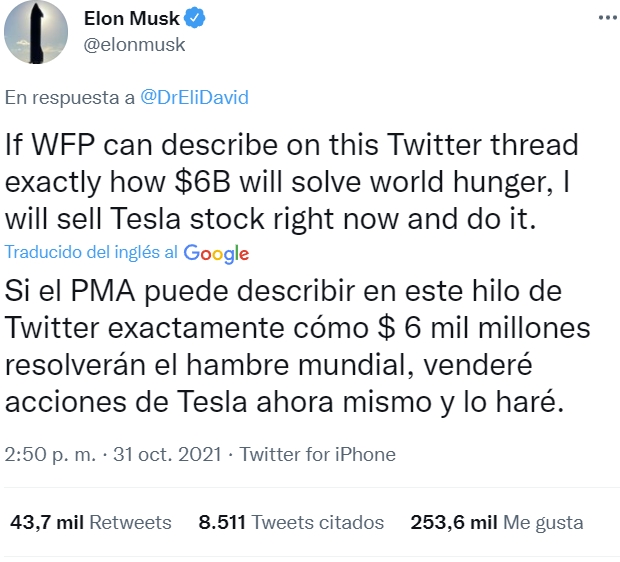 La ONU dice que el 2% de la fortuna de Musk acabaría con el hambre, Elon pide un plan público y donará el dinero