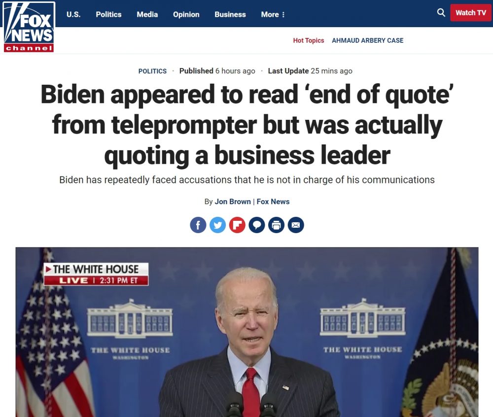 Parece que Biden se cascó ayer un "FIN DE LA CITA" mientras leía un discurso en el teleprompter
