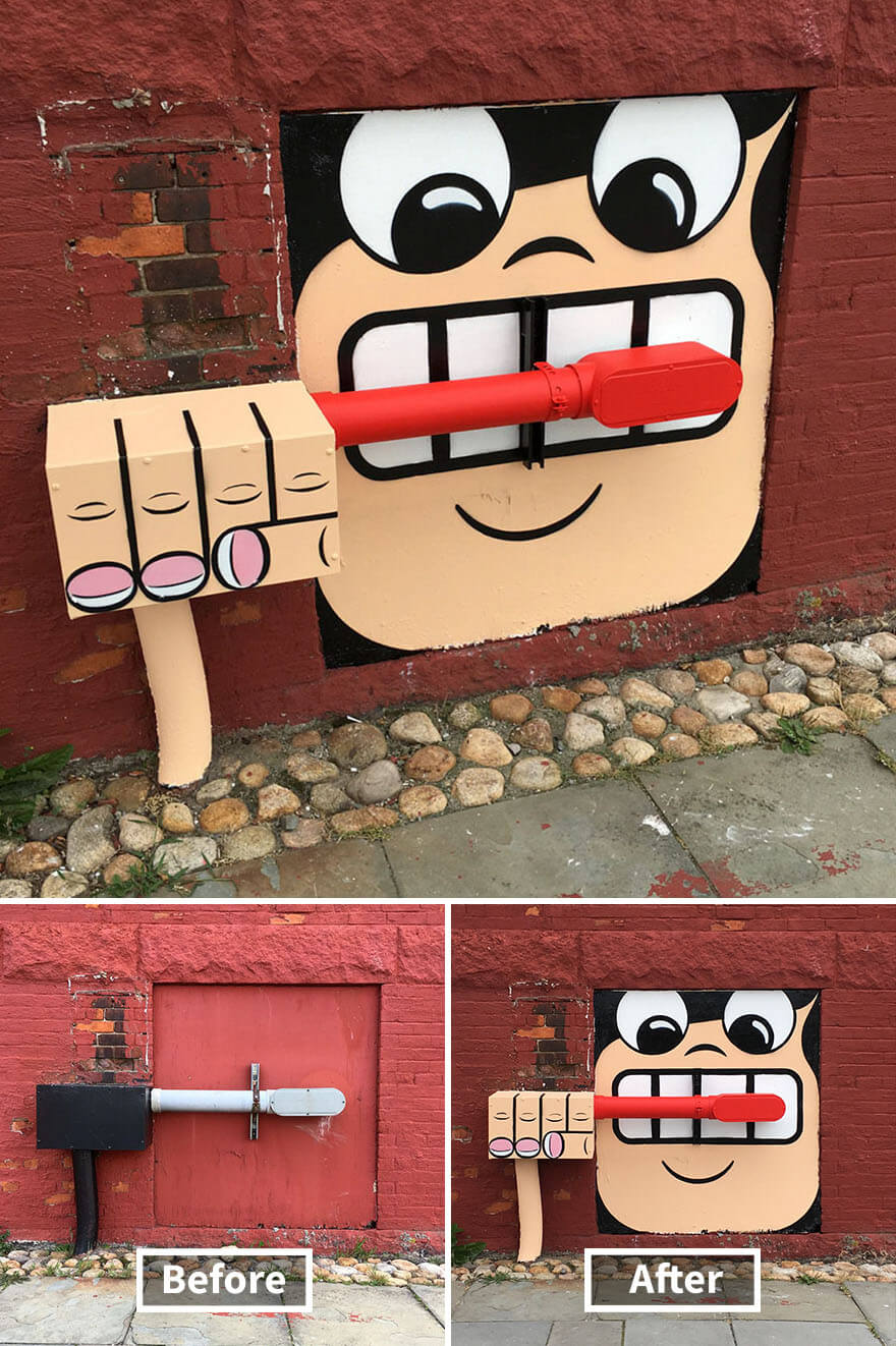 Los Graffitis de Tom Bob aprovechando el mobiliario callejero de Nueva York como parte de sus obras
