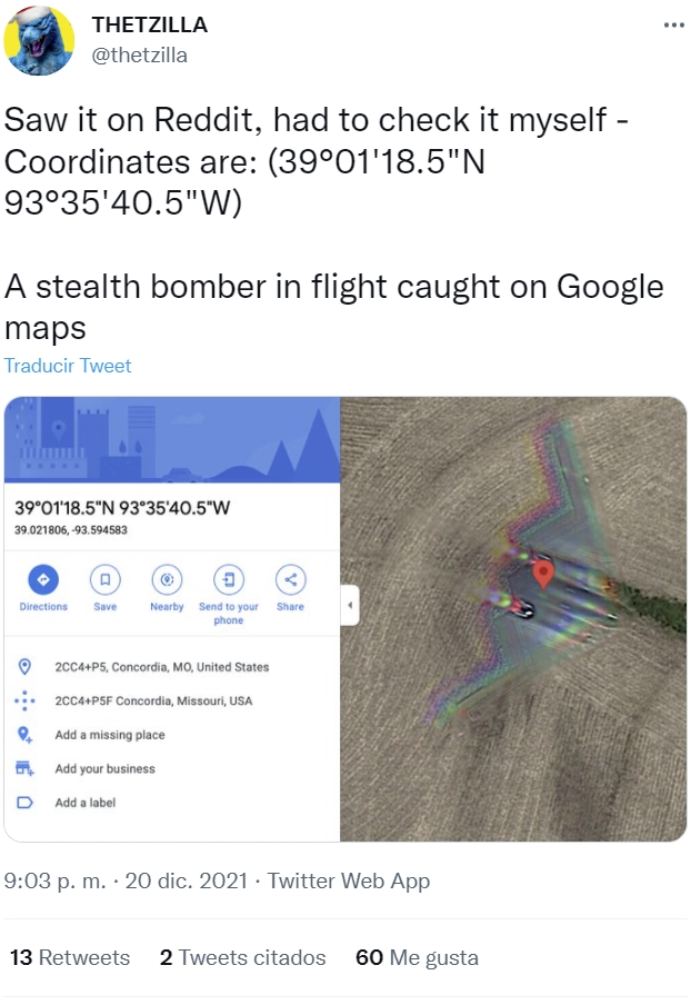 "You had only one job": Encuentran en Google Maps un avión "invisible" del ejército de EEUU en pleno vuelo
