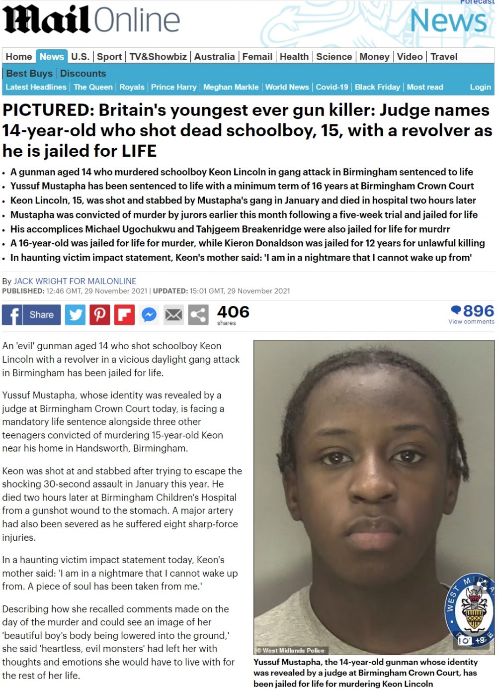 Juez condena y hace pública la identidad del asesino pistolero más joven de Reino Unido: 14 años de edad