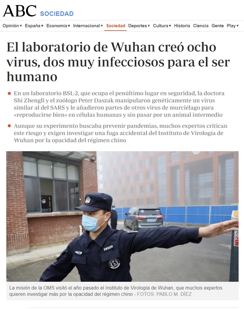 El laboratorio de Wuhan creó 8 virus, 2 muy infecciosos para el ser humano: La doctora Zhengli y el zoólogo Daszak manipularon genéticamente un virus similar al del SARS y le añadieron partes de otros virus de murciélago para reproducirse bien en humanos.