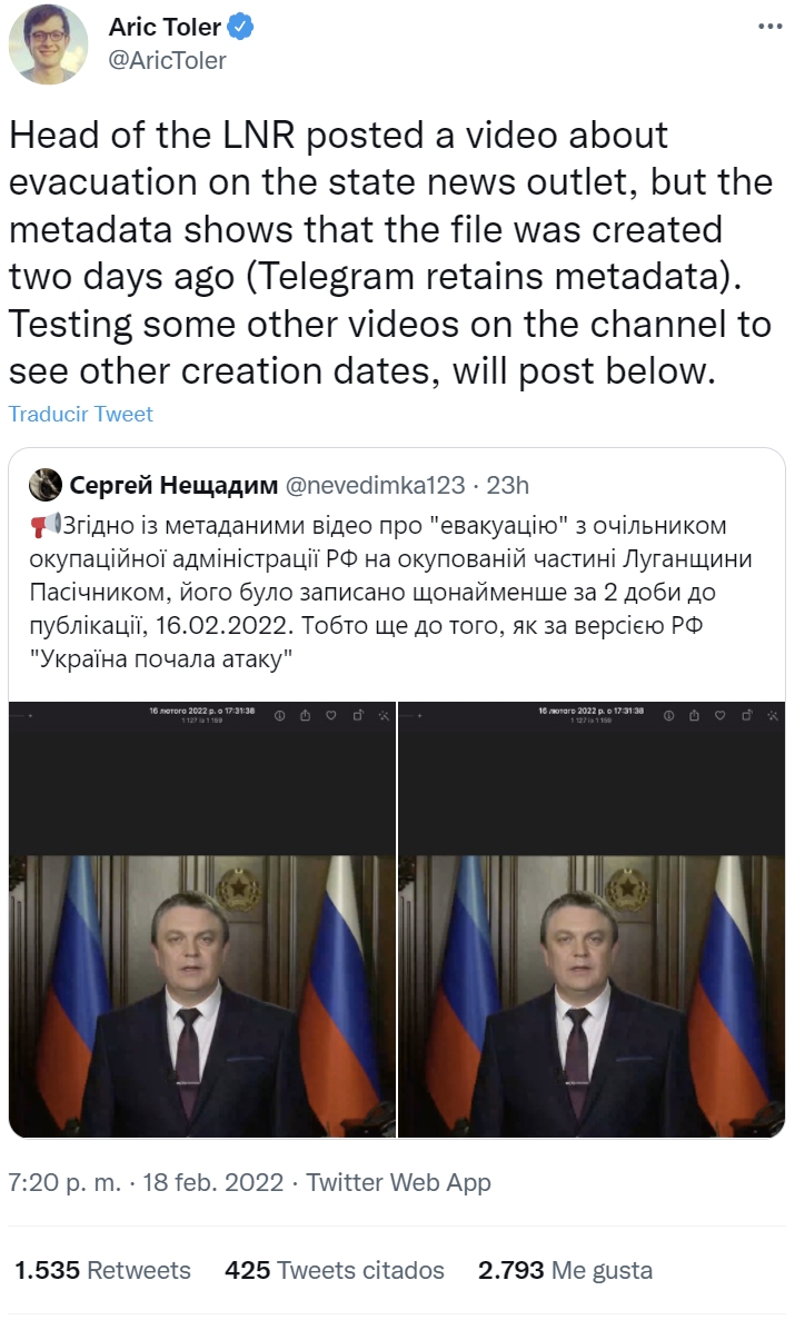 Los metadatos muestran que el video grabado por el jefe de estado de Luhansk (LNR) anunciando la evacuación debido a los recientes ataques fue grabado dos días antes de que estos ocurrieran