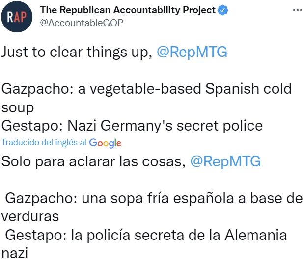 La asociación "Proyecto de Responsabilidad Republicana" de EEUU publica un tweet para aclarar la diferencia entre Gazpacho y Gestapo