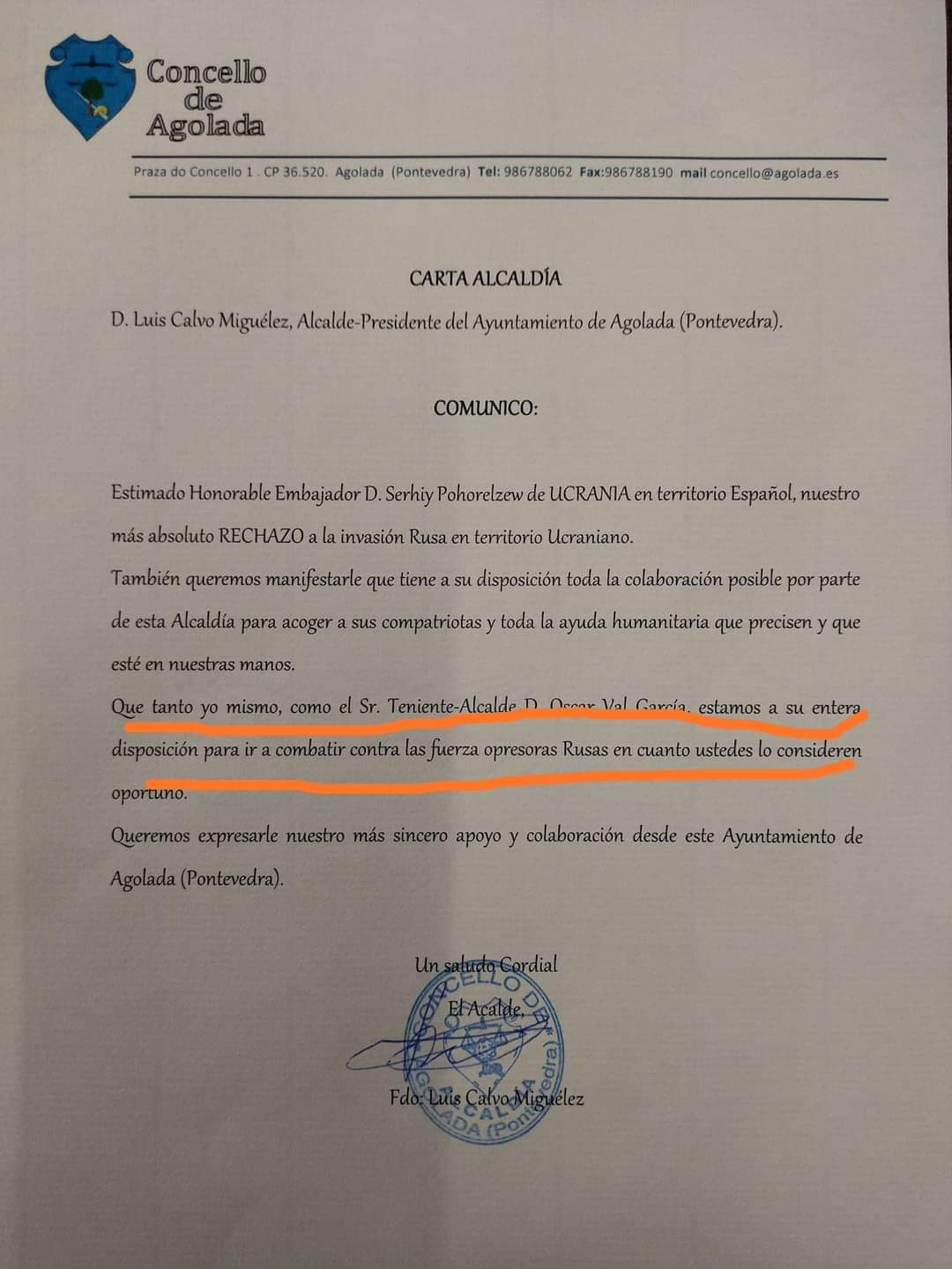 El alcalde de Agolada ofreciéndose para formar parte del ejército ucraniano. O verdadeiro Rambo galego.