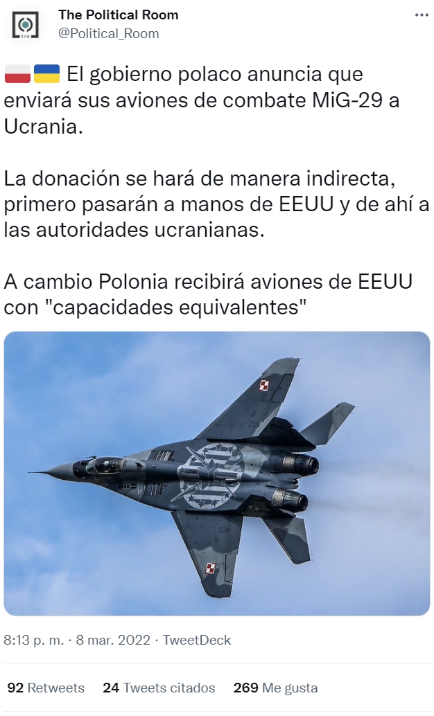 POLONIA va a enviar todos sus MiG-29 a Ucrania haciendo un trapi: se los regala a EEUU (que los dona a Ucrania) a cambio de aviones americanos de "capacidades equivalentes".