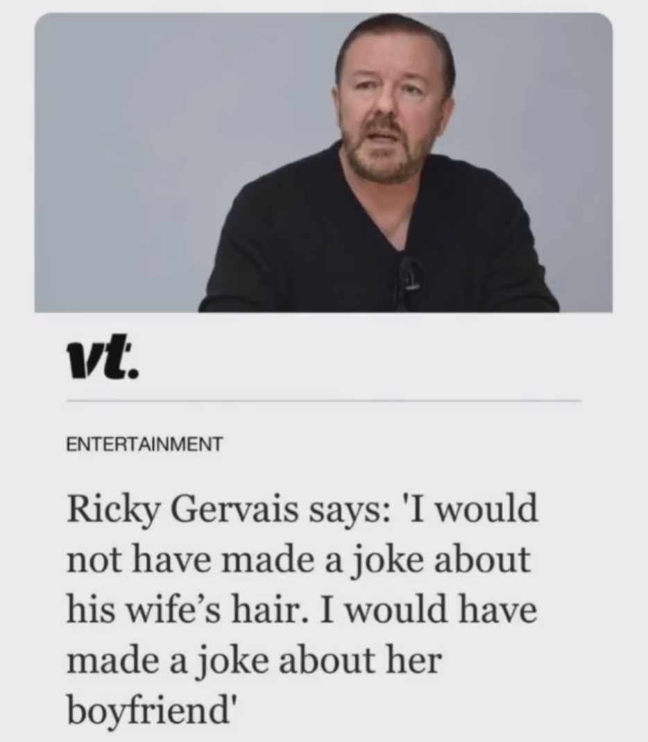 Ricky Gervais: "No habría hecho bromas con el pelo de Jada Pinkett Smith, las habría hecho con su novio"