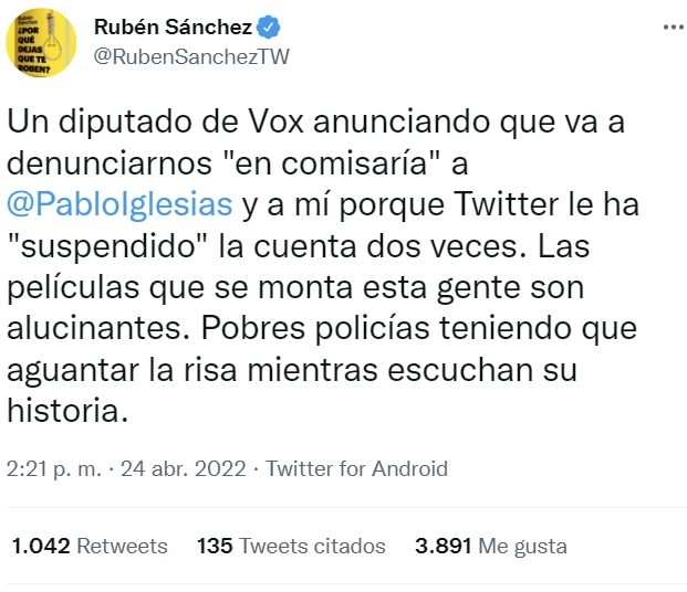 Un diputado de VOX denunciará en la comisaría porque le han suspendido la cuenta de Twitter al negarse a borrar un tuit contra Pablo Iglesias