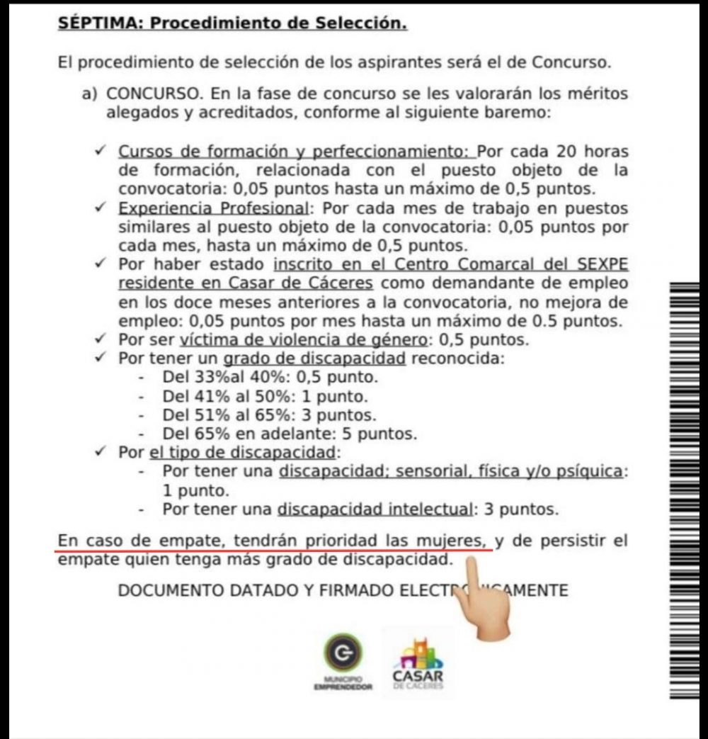 En el Ayuntamiento del Casar de Cáceres trabajan 85 mujeres y 36 hombres, por eso, en el proceso de selección para el puesto de conserje para personas discapacitadas en caso de empate se escogerá a la mujer.