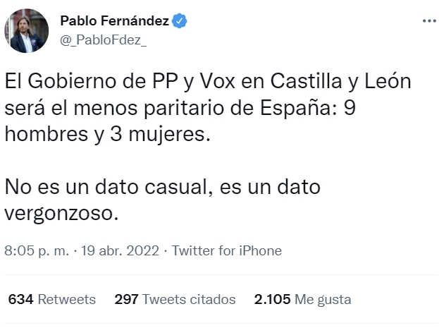 El único diputado de Podemos en Castilla León, que le quitó el puesto a una mujer, critica a otros partidos por tener pocas mujeres