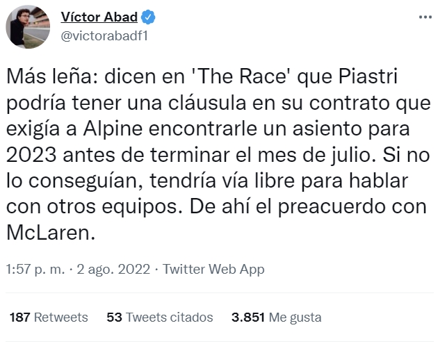 Alpine anuncia que Piastri será el piloto que sustituya a Fernando Alonso en 2023, pero Piastri niega que eso vaya a suceder.