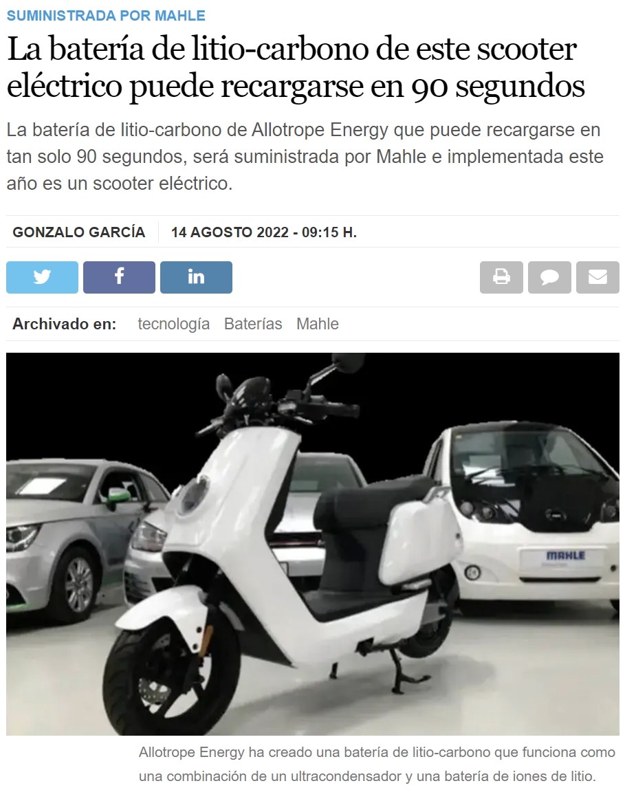Diseñan una batería de scooter que se carga en solo 90 segundos