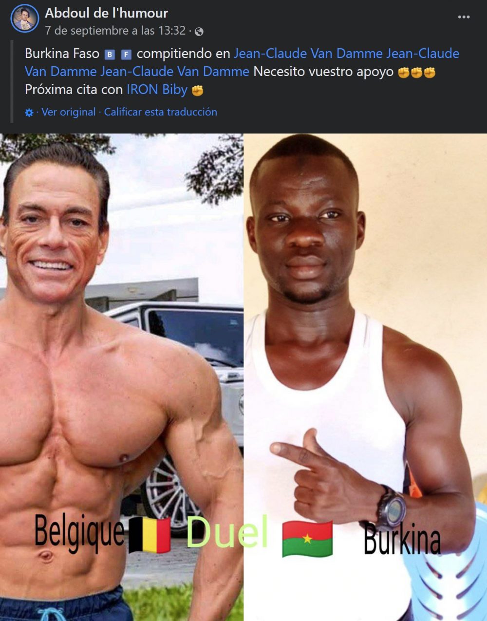 Aparición estelar de Jean-Claude Van Damme en un post sobre un combate fake de Burkina Faso