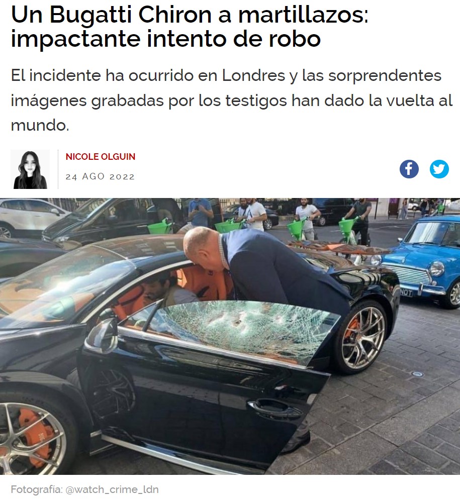 Intentan robar un Bugatti Chiron a martillazos desde una scooter