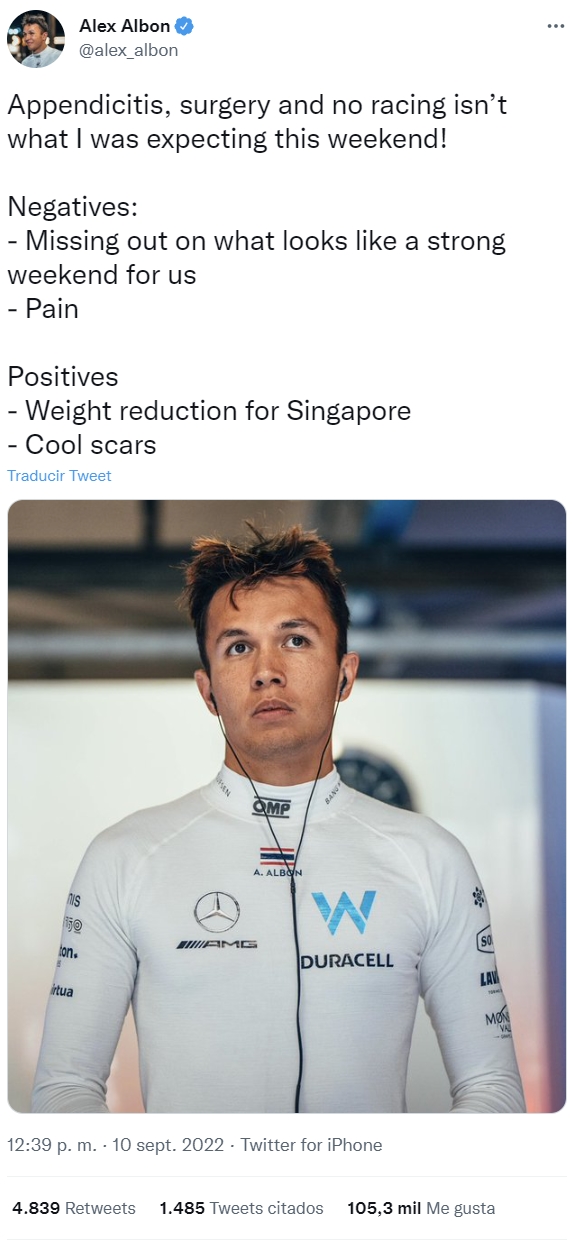 Alex Albon, piloto de F1, se pierde la carrera de mañana por apendicitis: "Contras: me pierdo lo que parecía un buen fin de semana para nosotros, y me duele la operación. Pros: Reducción de peso para Singapur, cicatrices molonas."