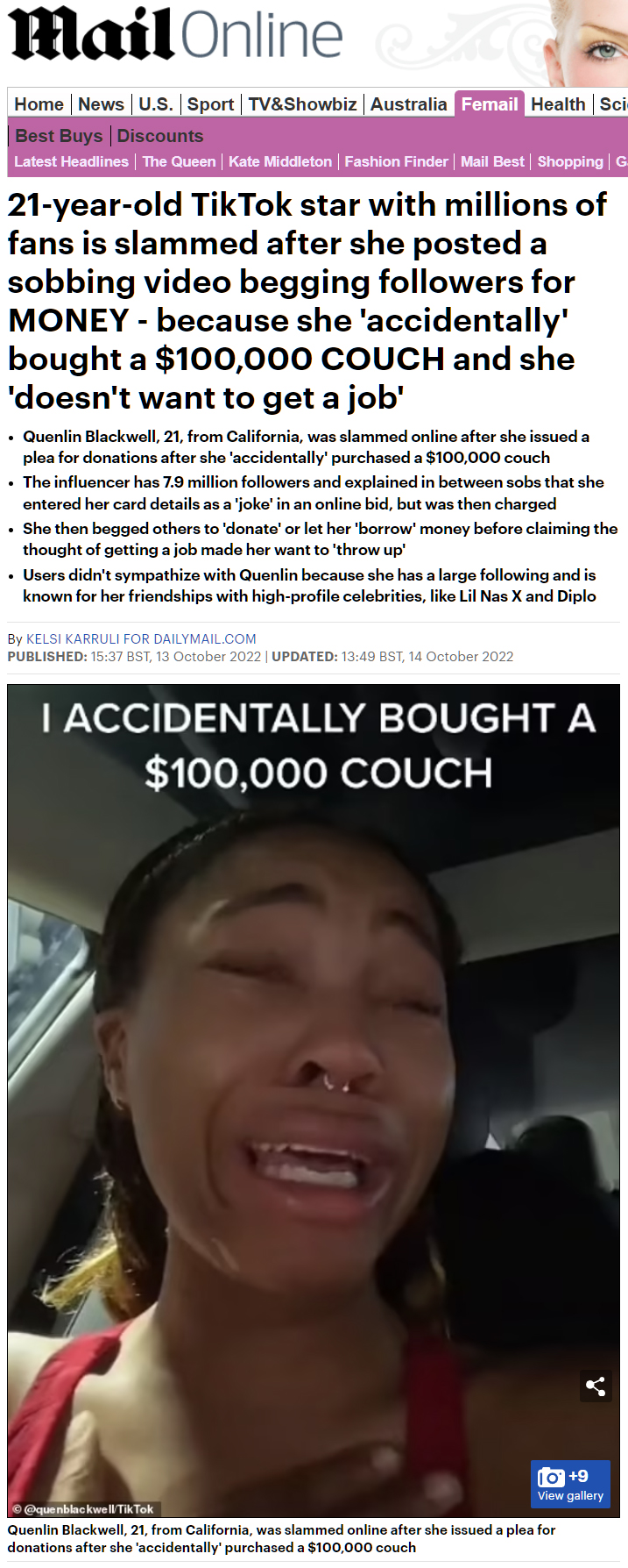 Una Tiktoker suplica a sus seguidores que le donen dinero porque compró sin querer un sofá de 100.000 dólares