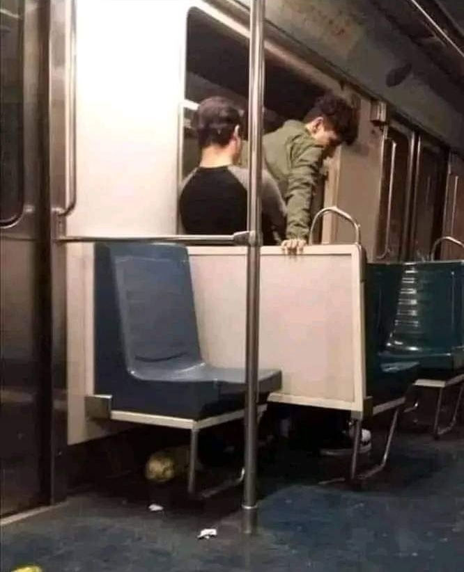 El metro vacío y estos dos peleando por un asiento